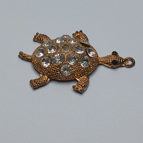 Golden Turtle Pendant, gold color, white rhinestone, shiny crystals details - Picture 3 of 8